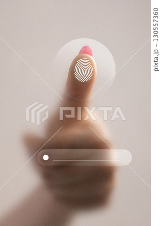 Modern collage. Finger with pink nail pressing biometric fingerprint scanner on futuristic interface Modern collage. Finger with pink nail pressing biometric fingerprint scanner on futuristic interface 130557360