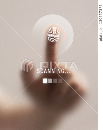 Collage with finger pressing digital fingerprint scanner with glowing futuristic interface Collage with finger pressing digital fingerprint scanner with glowing futuristic interface 130557375