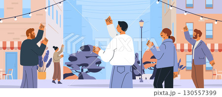 People socializing outdoors urban street celebration group friends waving hands city buildings festive lights plants modern flat design banner 130557399