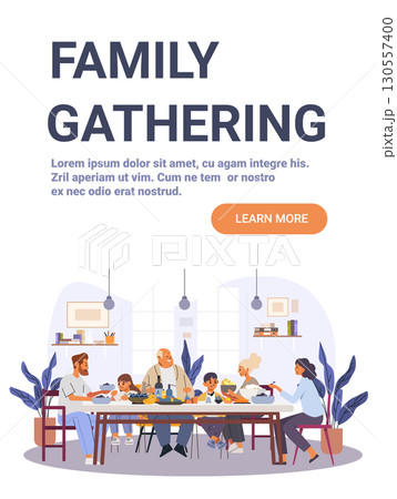 Family dinner celebration people eating together festive meal home interior multigenerational group kitchen plants modern decor 130557400