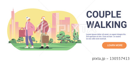 Senior couple walking city park urban skyline elderly people holding shopping bags outdoor activity modern flat design website banner 130557413