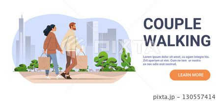 Couple walking city park shopping bags urban skyline modern flat design landing page template Couple walking city park shopping bags urban skyline modern flat design landing page template 130557414