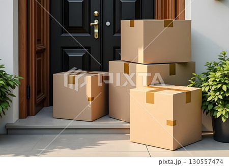 Stylish, uncluttered living space with stacked boxes and a plant, representing the process of moving or home setup. Stylish, uncluttered living space with stacked boxes and a plant, representing the process of moving or home setup. 130557474