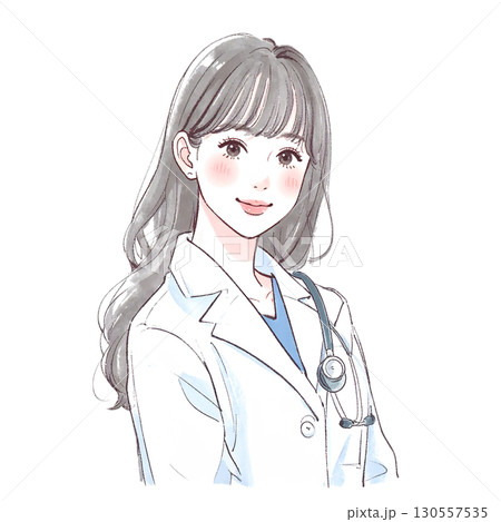 水彩画・手描き風の白衣を着た女性・女の子のイラスト素材 130557535