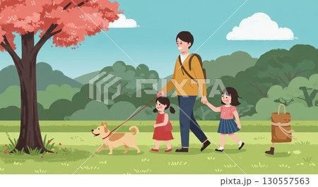 最高の時間！家族で犬の散歩 130557563
