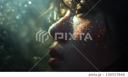 Close-Up of a Creative Glitter Makeup Design With Sparkling Light Effects 130557648