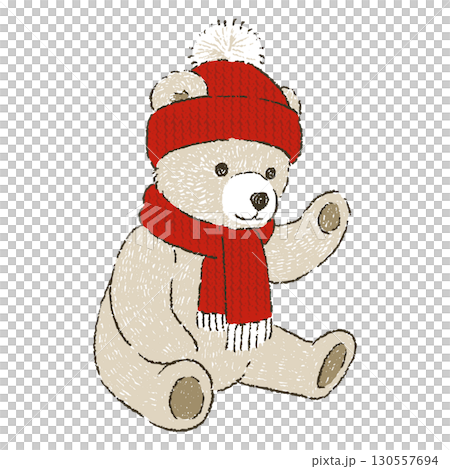 A brown teddy bear wearing a red knit hat and scarf 130557694