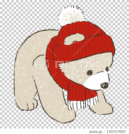 赤いニットの帽子とマフラーをつけた茶色いテディベア 130557695