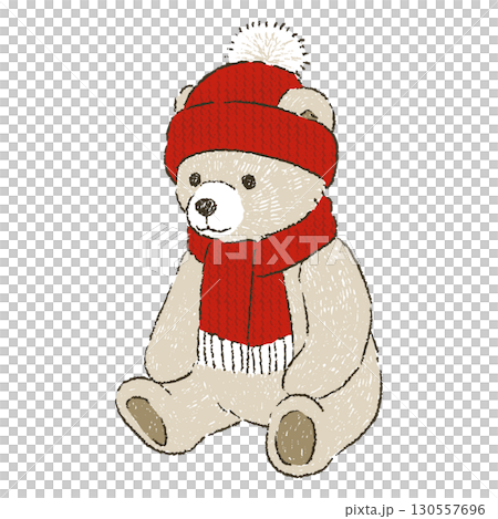 A brown teddy bear wearing a red knit hat and scarf 130557696