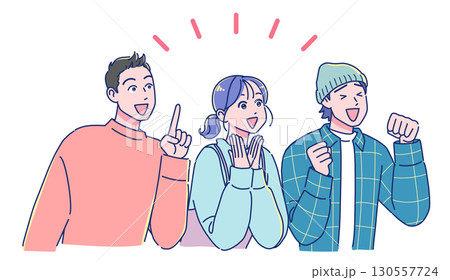 斜め上を見て感激するアニメ調の若い男女 斜め上を見て感激するアニメ調の若い男女 130557724