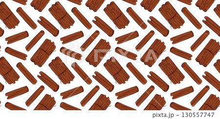 Seamless pattern of cinnamon stick in bundle in flat style. Perfect for spice store package, kitchen decor and seasonal or culinary recipe design project. 130557747