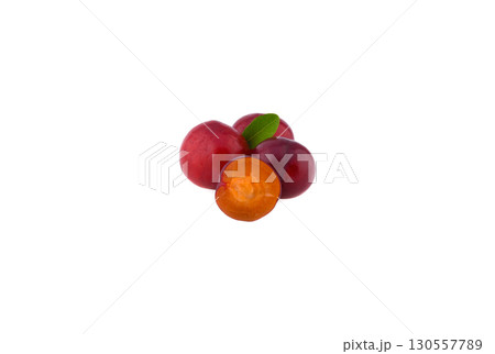 red cherry plum with leaf isolated on white background. 130557789