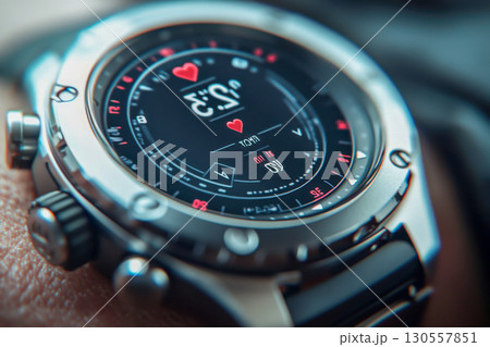 Modern smartwatch close up displaying glowing red heart icons. Digital wearable technology for monitoring health and fitness data. 130557851