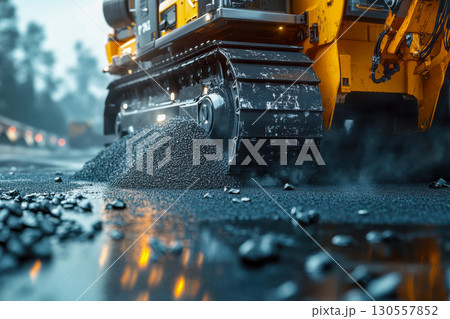 Yellow heavy machinery track moving dark gravel on a wet construction road. Industrial equipment working to lay aggregate material. 130557852