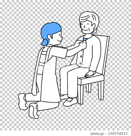 A caregiver assisting an elderly person with changing clothes 130558015