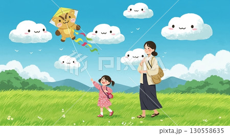 最高の思い出！仲良く手をつないで散歩する親子 130558635