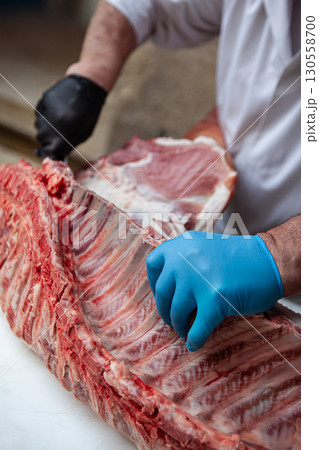 Pig on the butcher stall 130558700