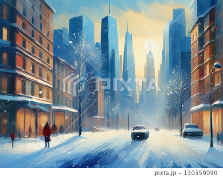 雪に包まれた近未来的な都市の街並みと高層ビル群の風景イラスト｜雪、冬、都市、ビル、街並み、道路、幻想 130559090