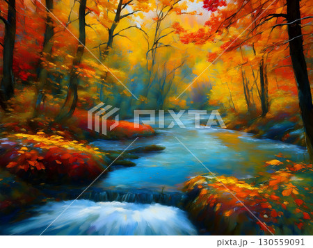 色鮮やかな紅葉と静かな川の流れを描いた秋の風景イラスト｜紅葉、川、森、秋、自然、カラフル、風景 130559091