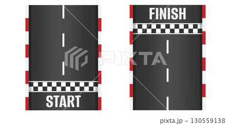 Vector illustration of car race track with start and finish line on asphalt roadway top view straight circuit design with checkered flag grid pattern sport background for rally and formula Vector illustration of car race track with start and finish line on asphalt roadway top view straight circuit design with checkered flag grid pattern sport background for rally and formula 130559138