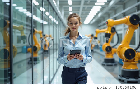 Confident female engineer standing robotics factory production 130559186