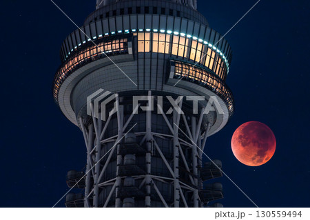 《東京都》皆既月食とスカイツリー・2025年9月8日 《東京都》皆既月食とスカイツリー・2025年9月8日 130559494