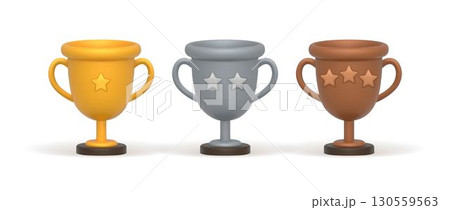 3D trophy cups in gold, silver and bronze colors  130559563