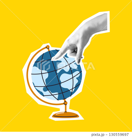 Creative collage of hand pointing at globe 130559697