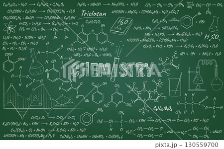 Chemical Formulas and Diagrams on Green Chalkboard Chemical Formulas and Diagrams on Green Chalkboard 130559700