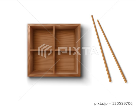 Wooden Bento Box with Chopsticks on White Surface 130559706