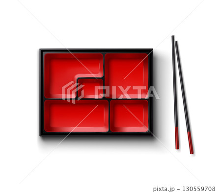 Empty Red Bento Box with Black Chopsticks on White Surface 130559708
