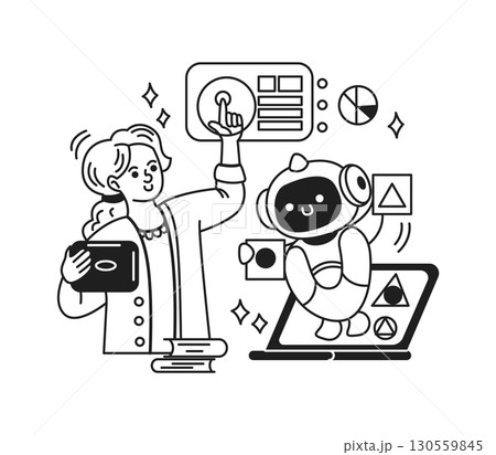 Woman and Robot Collaborate on Digital Interface Woman and Robot Collaborate on Digital Interface 130559845