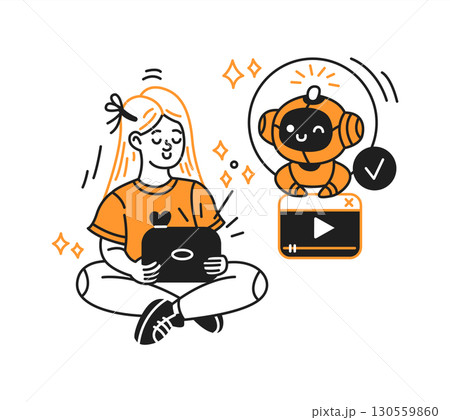 Girl with Tablet and Robot Watching Video 130559860