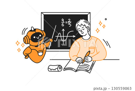 Illustration of Robot Teacher Helping Student Illustration of Robot Teacher Helping Student 130559863