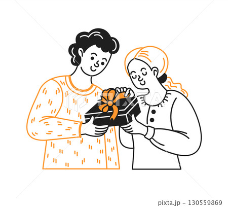 Cartoon illustration of two people exchanging gift 130559869