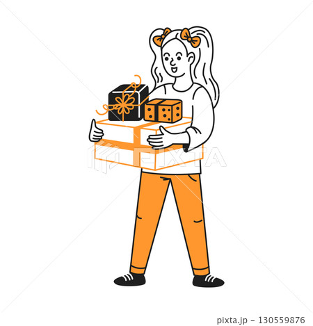 Cartoon Girl Holding Multiple Gift Boxes with Bows Cartoon Girl Holding Multiple Gift Boxes with Bows 130559876