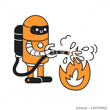Cute Robot Firefighter Extinguishing Flames 130559902