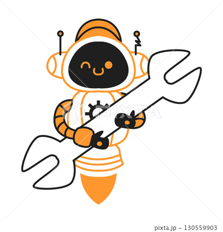Friendly Cartoon Robot with Giant Wrench 130559903
