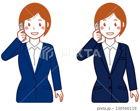 ネイビースーツ、ショートヘアのスマホで電話する若い女性 130560119