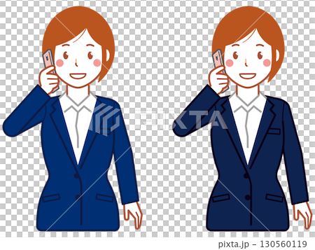 一位身穿海軍藍西裝、留著短髮的年輕女子正在用智慧型手機聊天 一位身穿海軍藍西裝、留著短髮的年輕女子正在用智慧型手機聊天 130560119