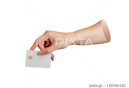 Close-up of a person fingers gripping a credit card with microchip, minimal style isolated. Close-up of a person fingers gripping a credit card with microchip, minimal style isolated. 130560182