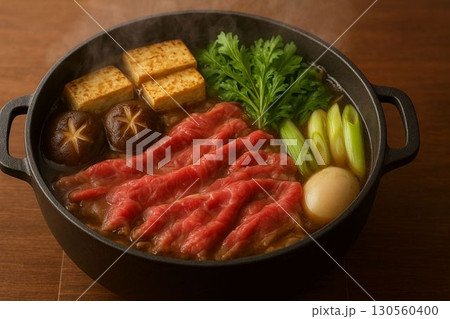 湯気が立つすき焼き鍋 130560400