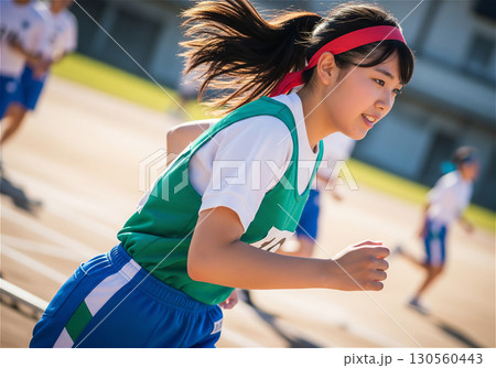 中学生の女子が体育祭で全力疾走する青春のワンシーン 130560443