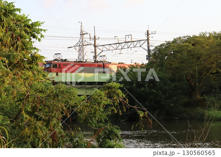埼玉県蓮田市付近の元荒川に架かる鉄橋を走行するJR・東武直通特急「日光」の様子 130560565