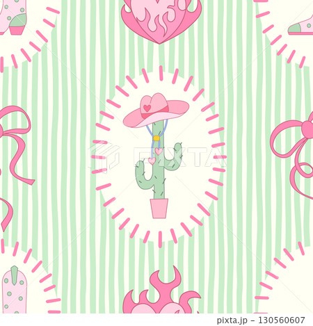 Cowgirl seamless pattern. Cowboy western theme, cactus, cowboy hat, flame heart and boots in girly style. Hand-drawn cartoon print on a stripy green background. Vector wallpaper, t-shirt and vintage.. Cowgirl seamless pattern. Cowboy western theme, cactus, cowboy hat, flame heart and boots in girly style. Hand-drawn cartoon print on a stripy green background. Vector wallpaper, t-shirt and vintage.. 130560607