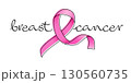 Breast cancer handwritten typography design with pink ribbon symbol line art. 130560735