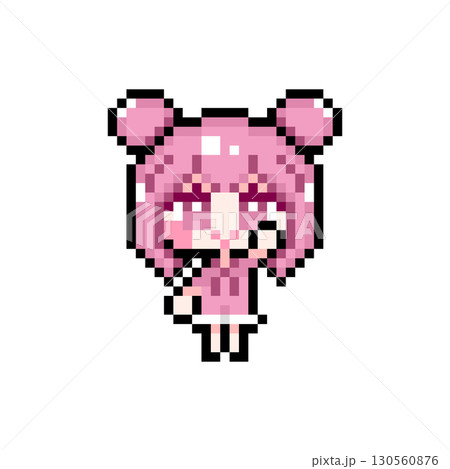 ドット絵キャラクター 挙手するツインお団子ヘアの女の子 (1) 130560876