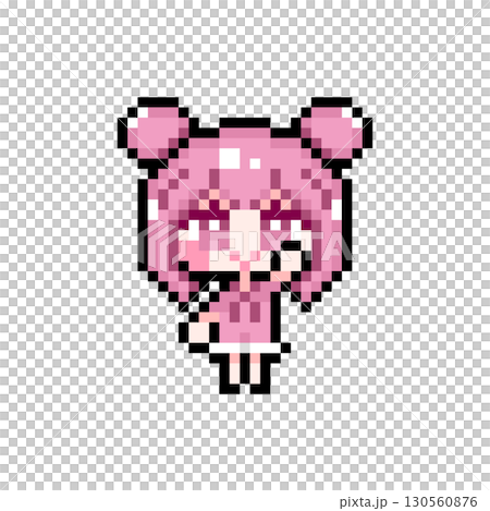 ドット絵キャラクター 挙手するツインお団子ヘアの女の子 (1) 130560876