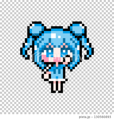 Pixel Art Character: A girl with a bun and twin tails raising her hand cheerfully (2) 130560893