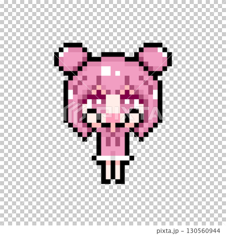 ドット絵キャラクター 両手を上げるツインお団子ヘアの女の子 (1) 130560944